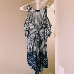 Blue & White Patterned Tie-Front Romper